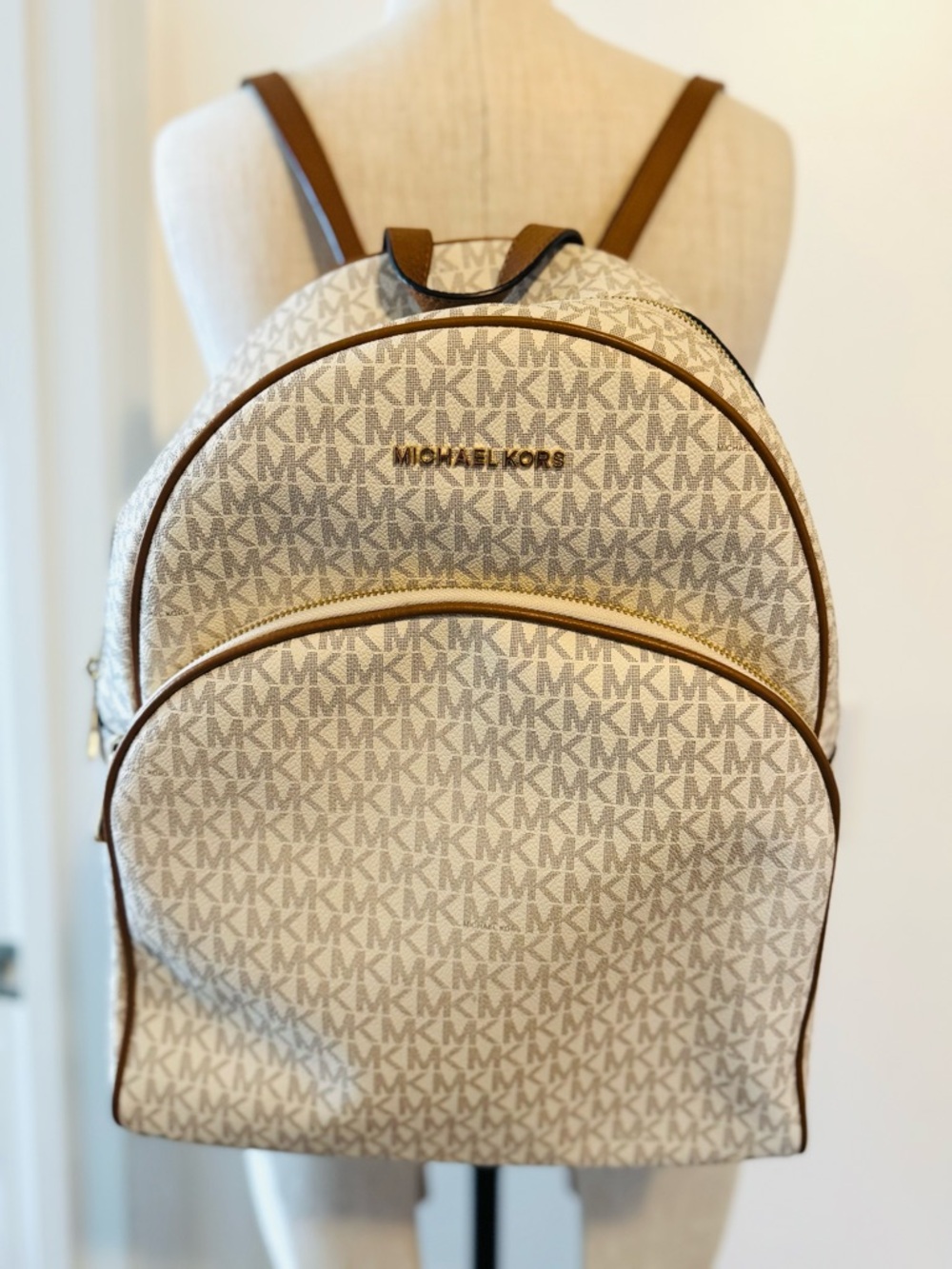 Michael Kors Beige and Brown MK Logo Backpack Large
